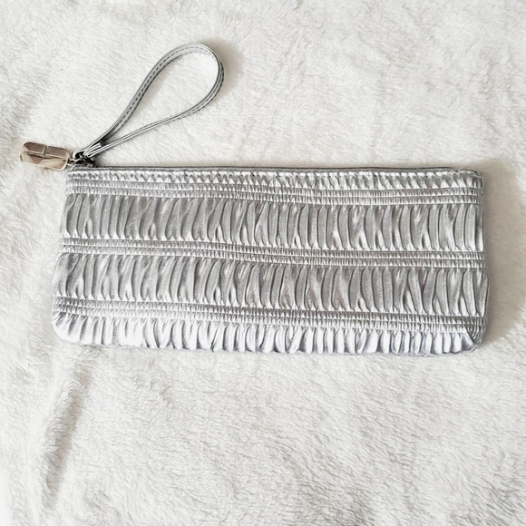 Clinique Handbags - Silver ruched metallic vegan leather clinique makeup bag cosmetic travel